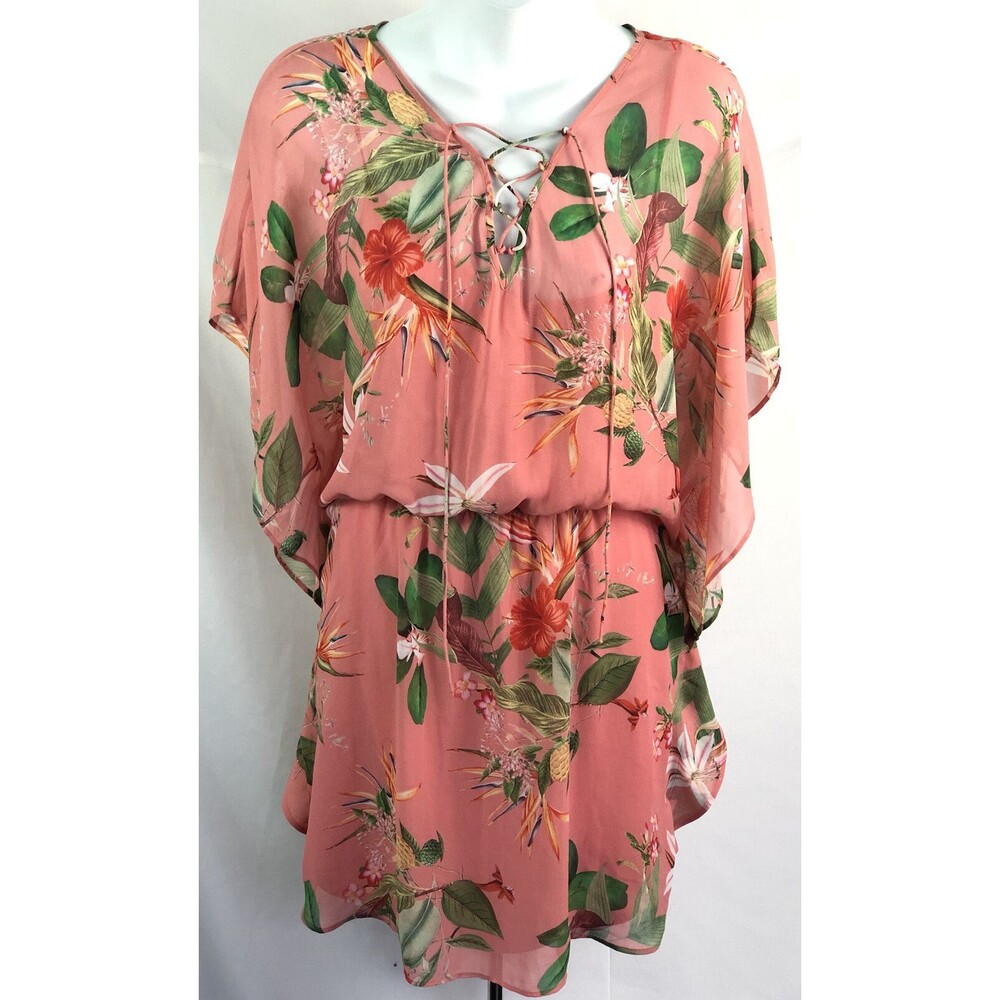 Express Chiffon Mini Dress M Pink Floral lace up Ruffles Coconut Girl Tropical
